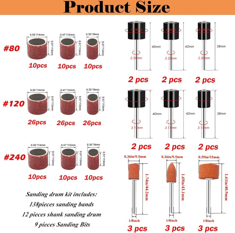 Sunxeke 187-Piece Sanding Drum Kit for Drill & Drill Press – Includes 2inch Spindle Sander Sleeves (60/80/120/240 Grit), 4 Rubber Sanding Drums, 1/4-Inch Shank,Versatile Sander Accessory with Box - Image 3